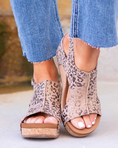 Momount Women Wedge Sandals – Distressed Leather Cork Platform Slingback