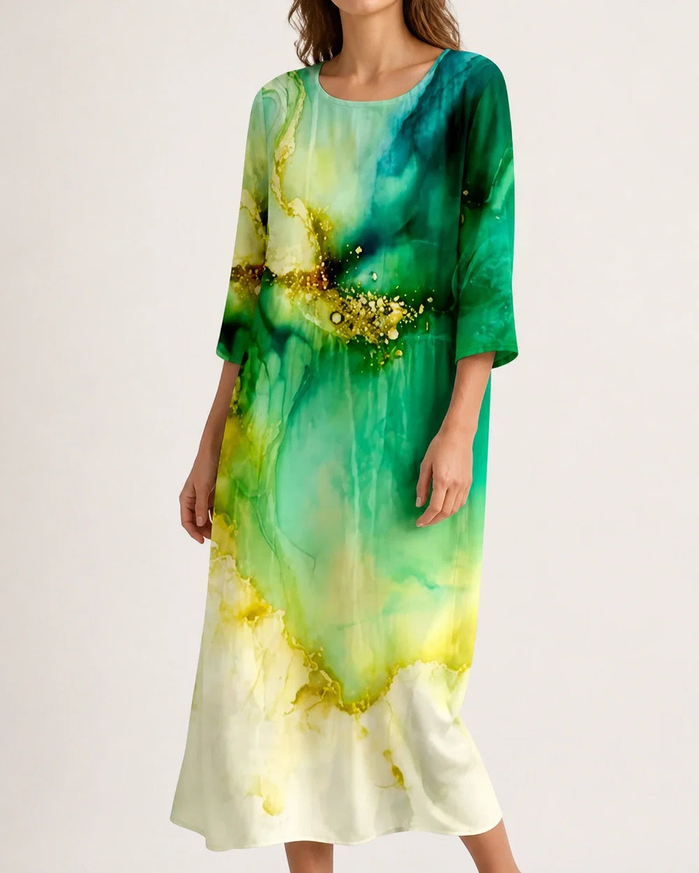 Women's dark green abstract-print loose midi dress, worn view