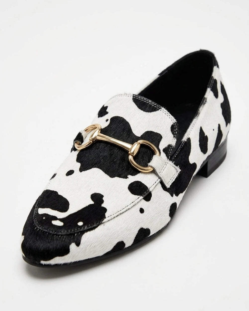 Octavia | Western Cow Print Buckle Flat Loafers — loafers-for-women-animal-print-slip-on-black-white-05-reference-view.webp