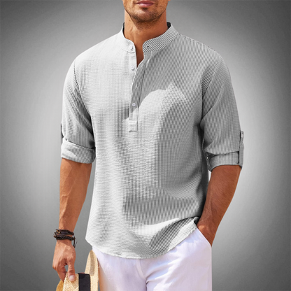 Momount Men Waffle Linen Shirt – Long Sleeve Band Collar Chest Pocket