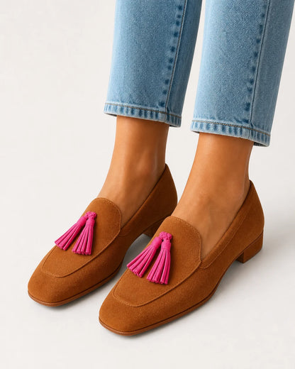Cognacfarbener Damen-Loafer mit rosa Quasten — Produktbild 1