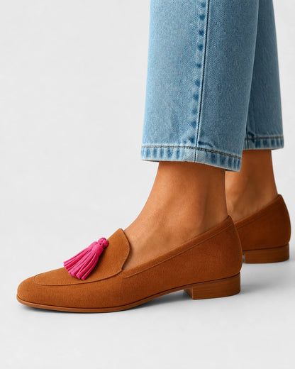 Cognacfarbener Damen-Loafer mit rosa Quasten — Produktbild 4