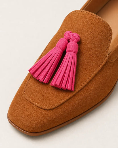 Cognacfarbener Damen-Loafer mit rosa Quasten — Produktbild 6