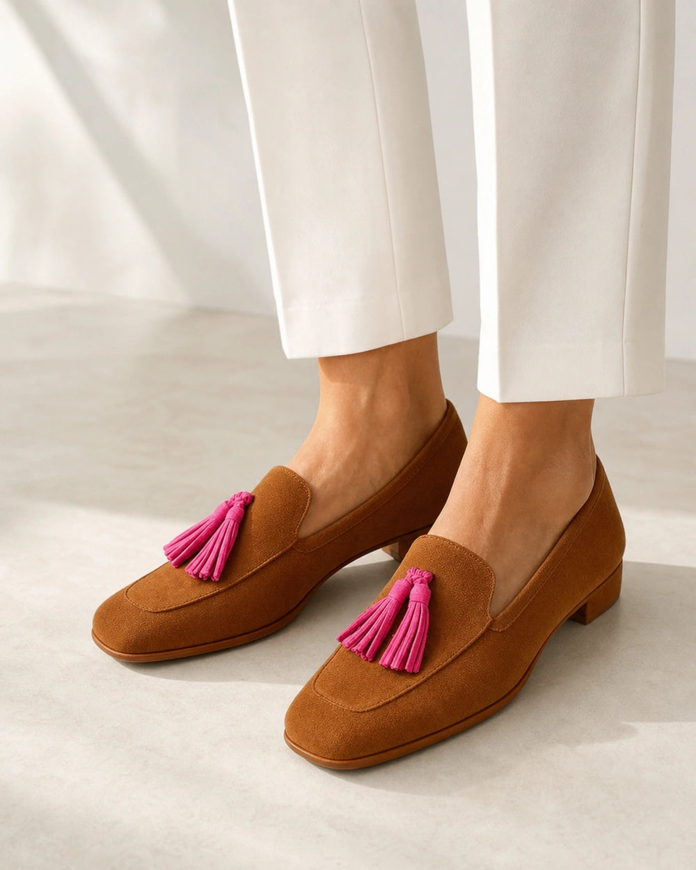 Cognacfarbener Damen-Loafer mit rosa Quasten — Produktbild 8