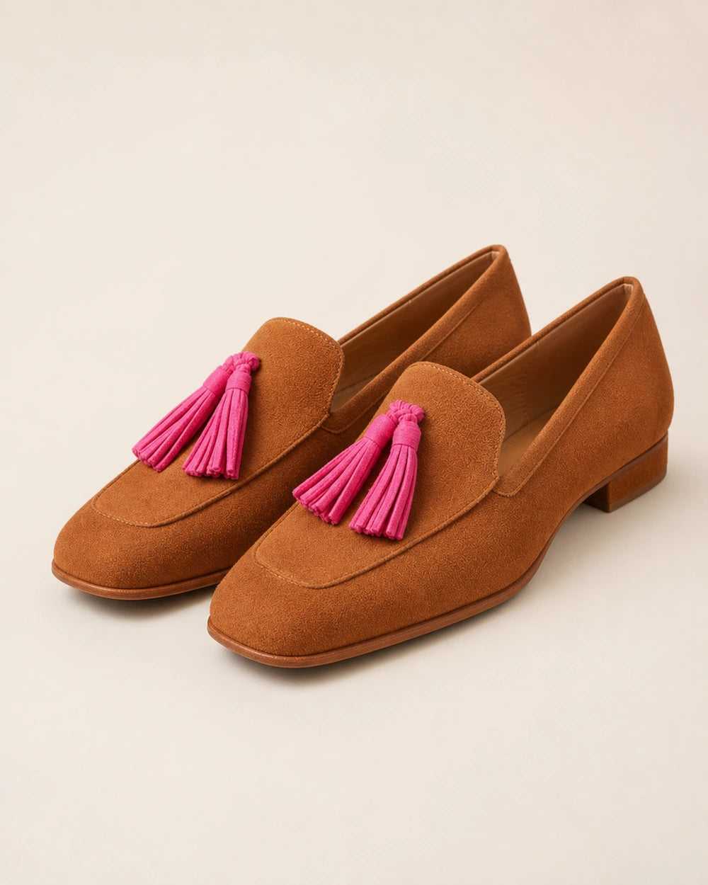 Cognacfarbener Damen-Loafer mit rosa Quasten — Produktbild 9