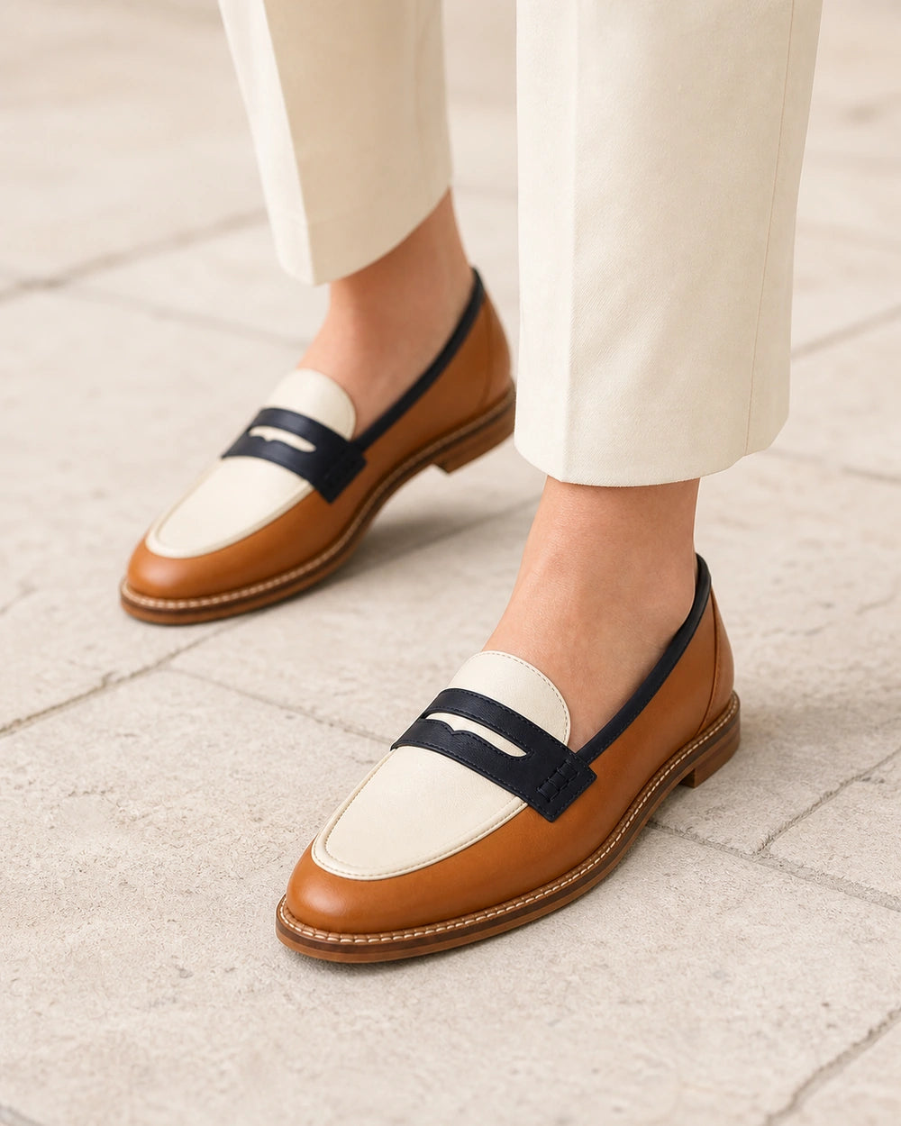 Braun-cremefarbener Damen-Loafer mit runder Spitze — Produktbild 7