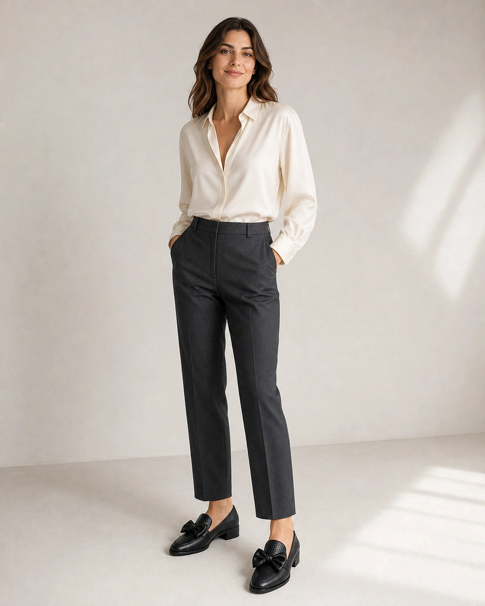 Schwarzer Damen-Loafer mit Schleife und niedrigem Absatz — Von einem Model getragen