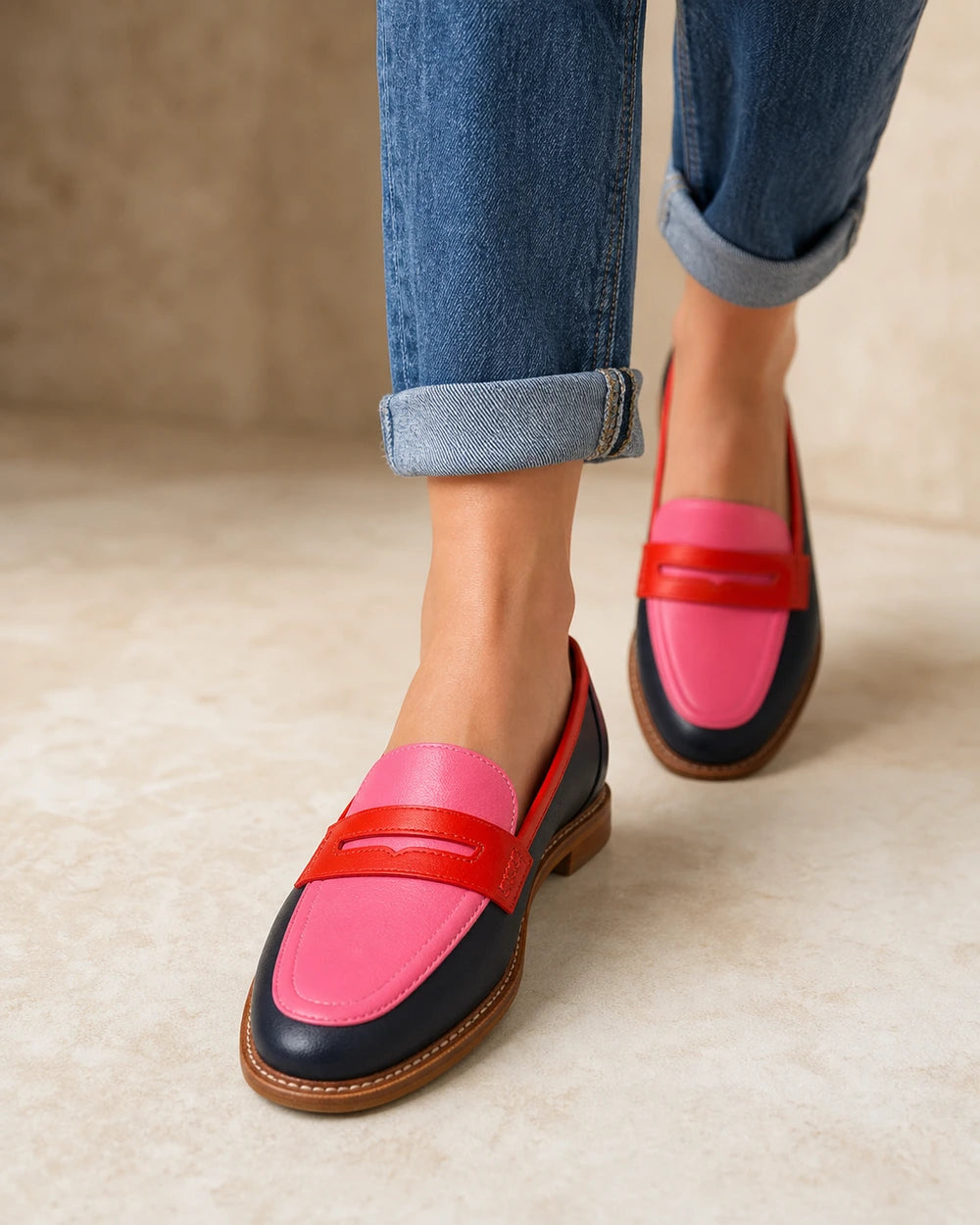 Schwarz-rosafarbener Damen-Loafer mit Riegel — Produktbild 7