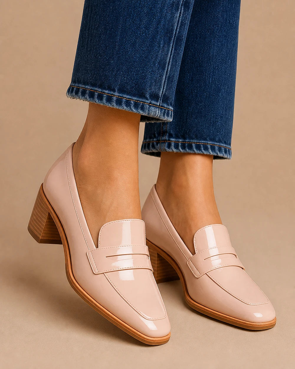 Glänzender puderrosa Loafer mit niedrigem Absatz — Produktbild 1