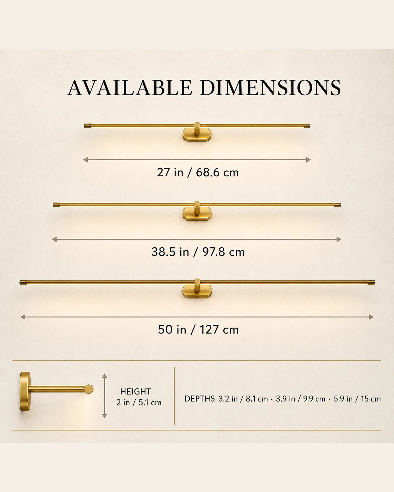 Available dimensions of the linear LED wall light: 27, 38.5 and 50 inches