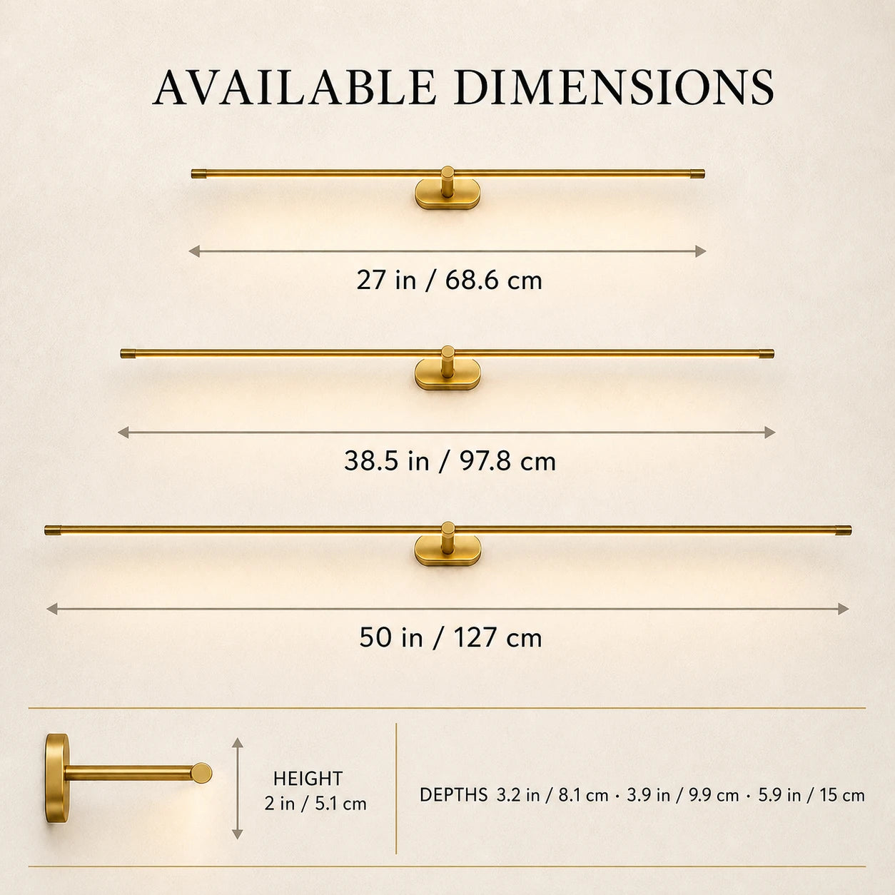 Available dimensions of the linear LED wall light: 27, 38.5 and 50 inches