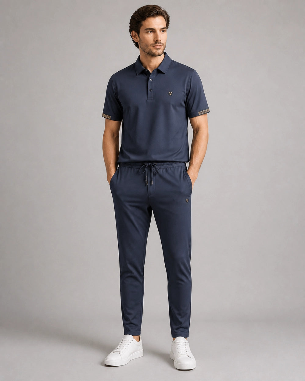 Blue men's polo and trousers set, full silhouette.