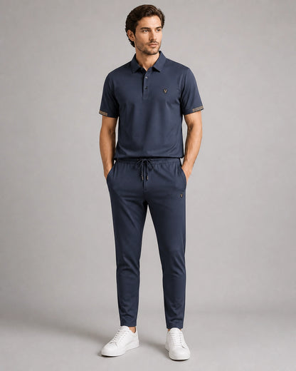 Blue men's polo and trousers set, full silhouette.