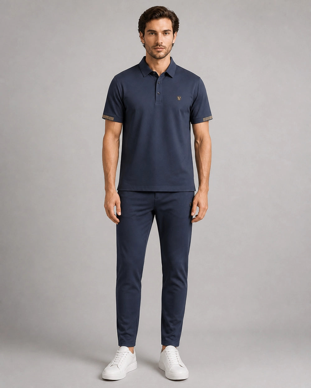 Blue men's polo and trousers set, straight front view.
