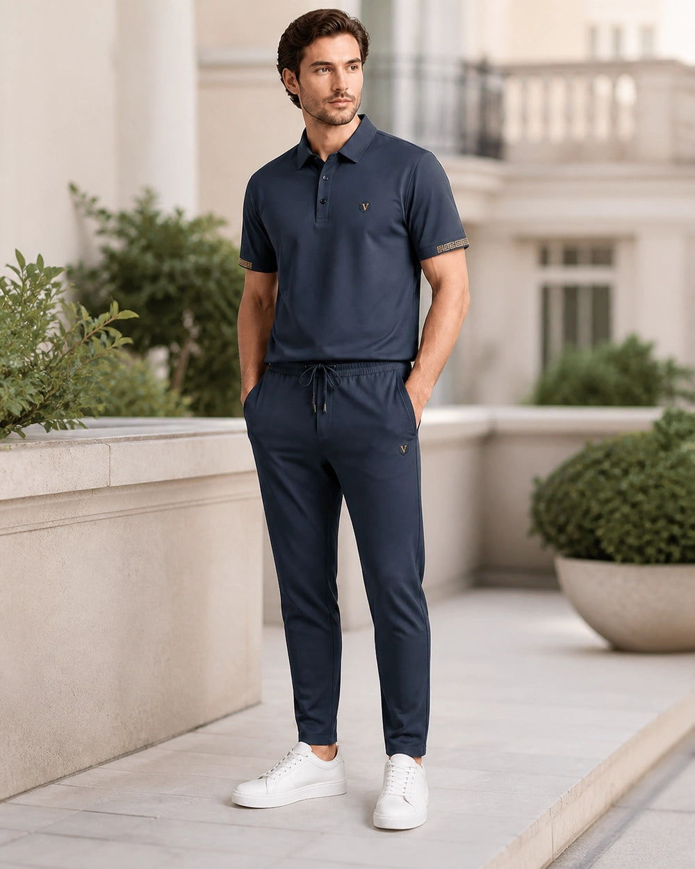 Blue men's polo and trousers set in a modern terrace setting.