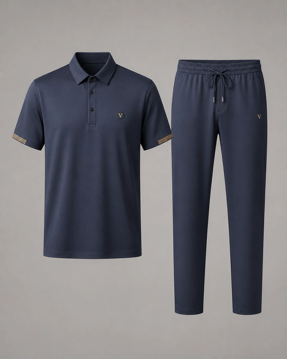 Blue men's polo shirt and matching trousers, product-only view.