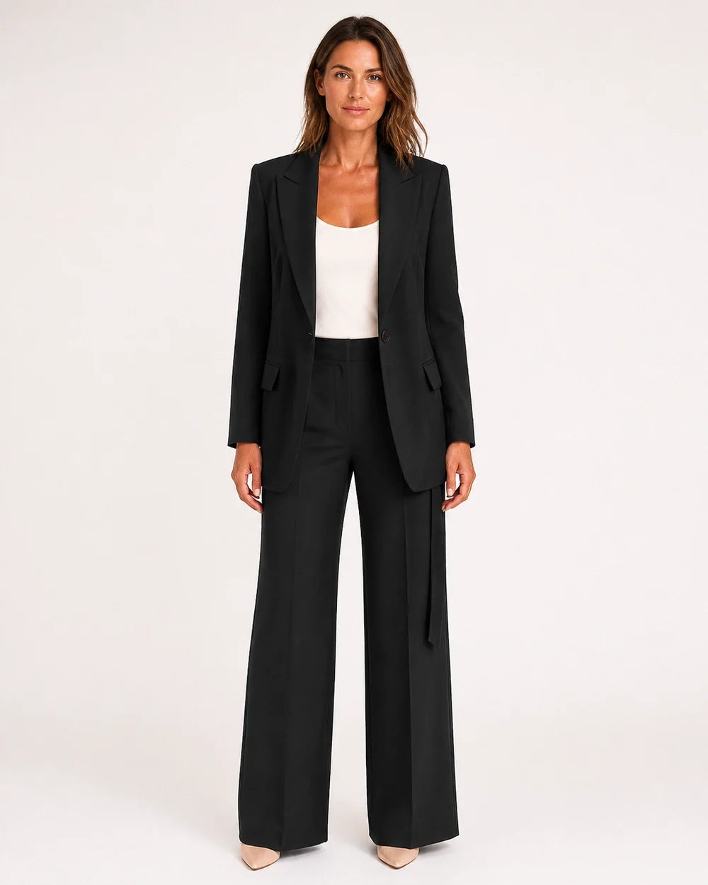 Black relaxed blazer and wide-leg trousers set for women, front view