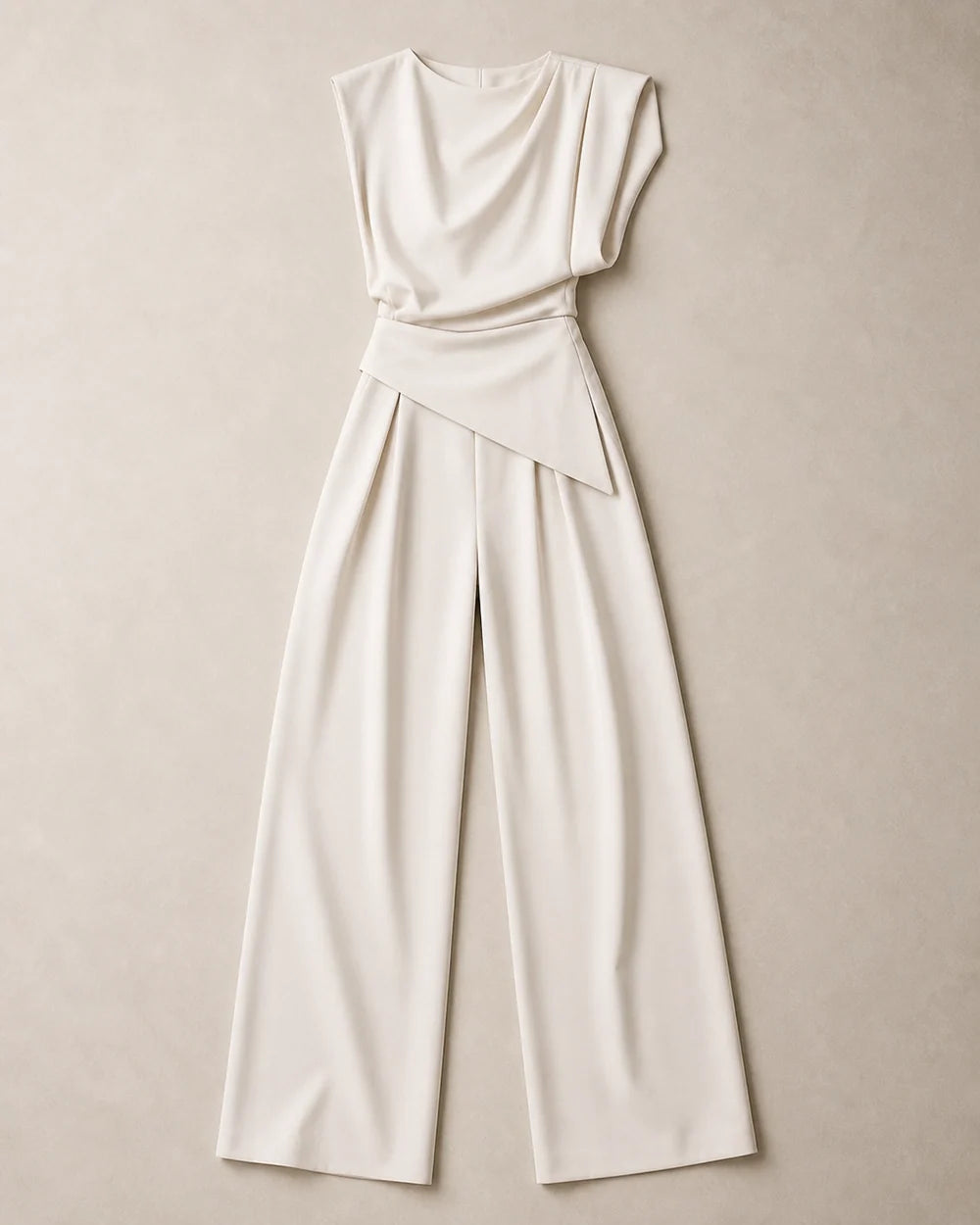 Women's white asymmetric draped top and wide-leg trousers set, product-only flat lay.
