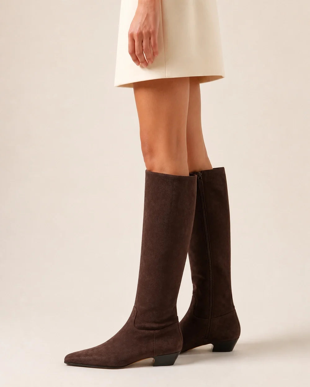 Chocolate square-toe knee-high boots, profile view