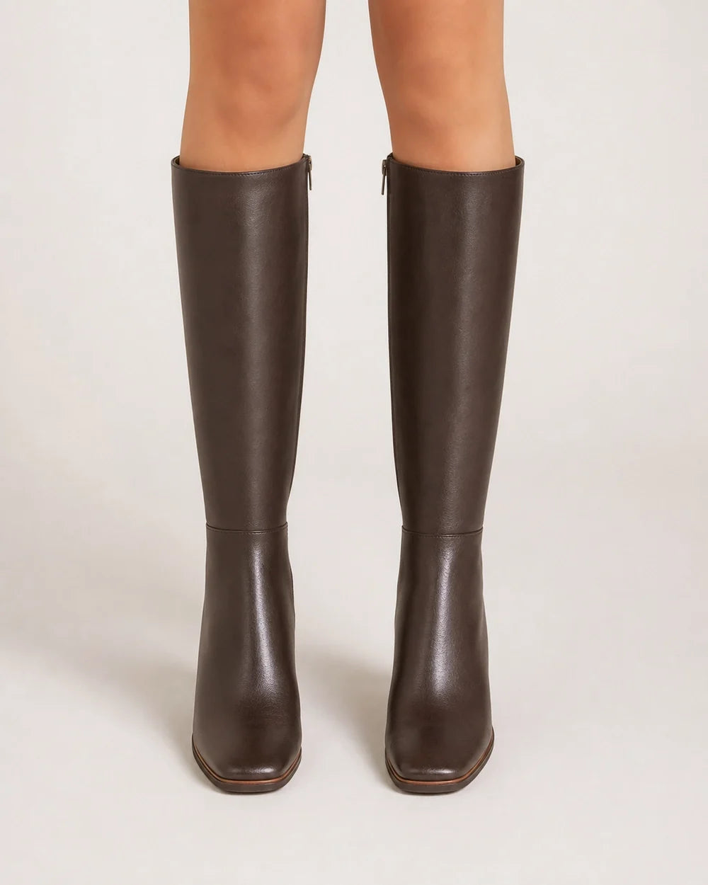 Momount Women Classic Zip Knee-High Block-Heel Boots – Brown front