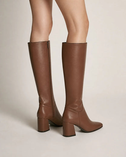 Momount Women Classic Zip Knee-High Block-Heel Boots – Brown rear