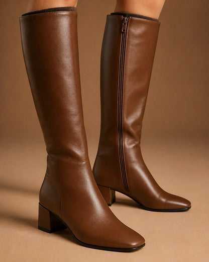 Momount Women Classic Zip Knee-High Block-Heel Boots – Brown detail