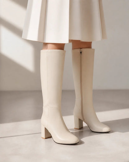 Momount Women Classic Zip Knee-High Block-Heel Boots – Beige hero