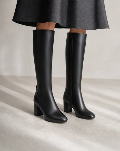 Momount Women Classic Zip Knee-High Block-Heel Boots – Black hero