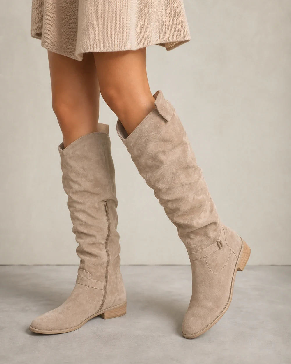 Momount Women Classic Zip Knee-High Boots – Beige hero