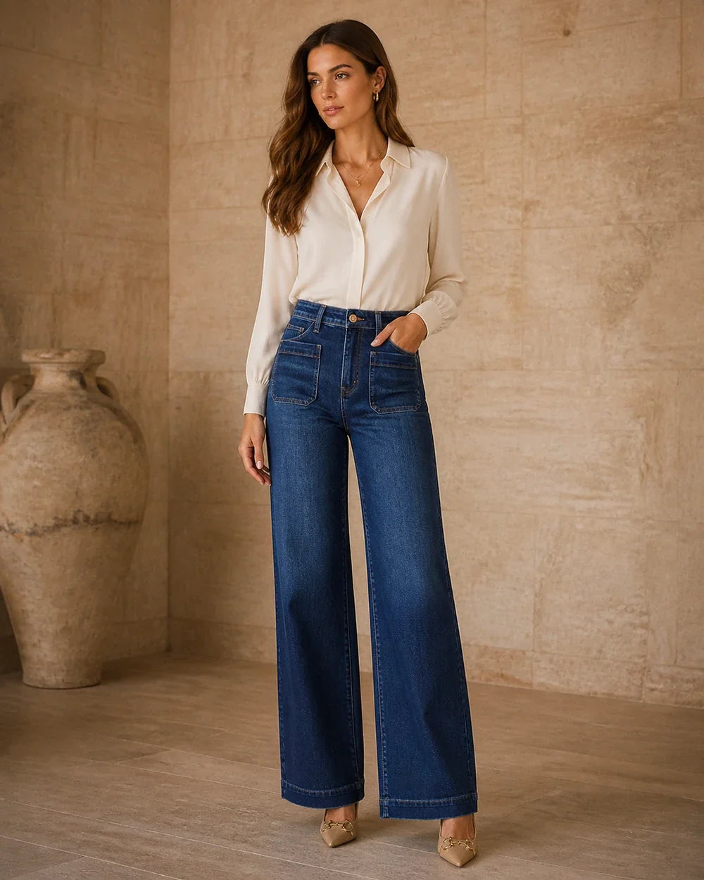 High-waisted column jeans styled look
