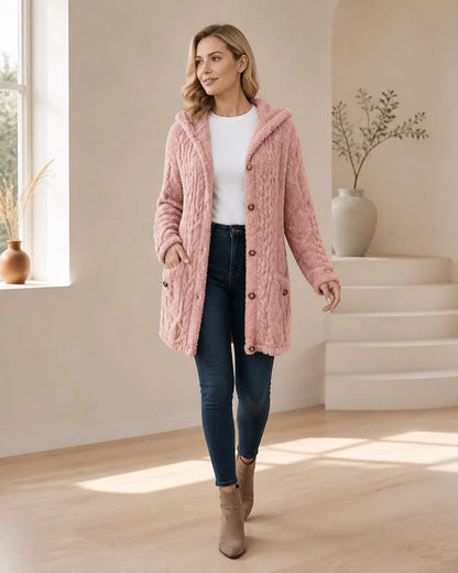Women's long hooded cable-texture cardigan, pink movement