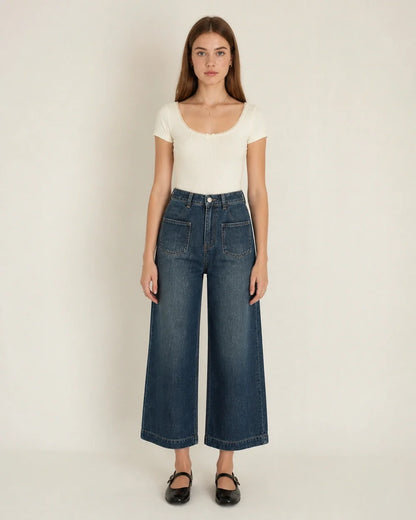 Momount women retro blue high waist wide leg jeans