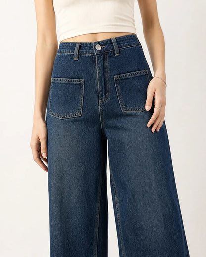 Momount women retro blue high waist wide leg jeans