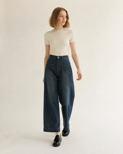 Momount women retro blue high waist wide leg jeans