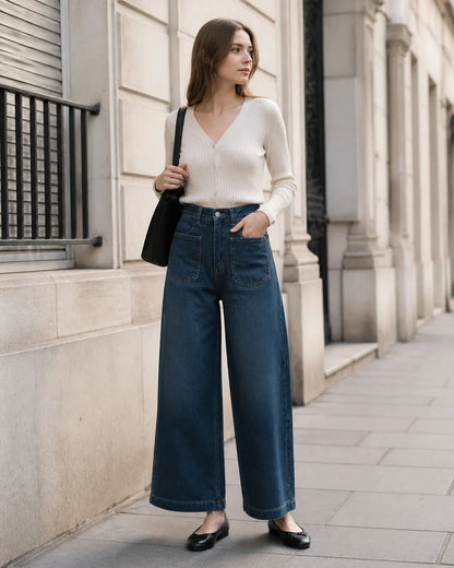 Momount women retro blue high waist wide leg jeans