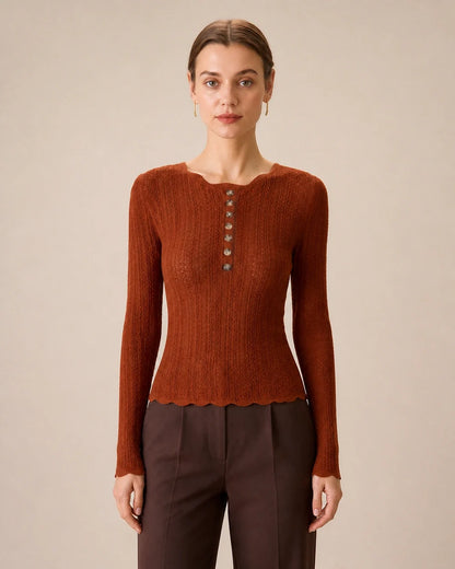 Women's rust fitted button-detail knit top, straight front view