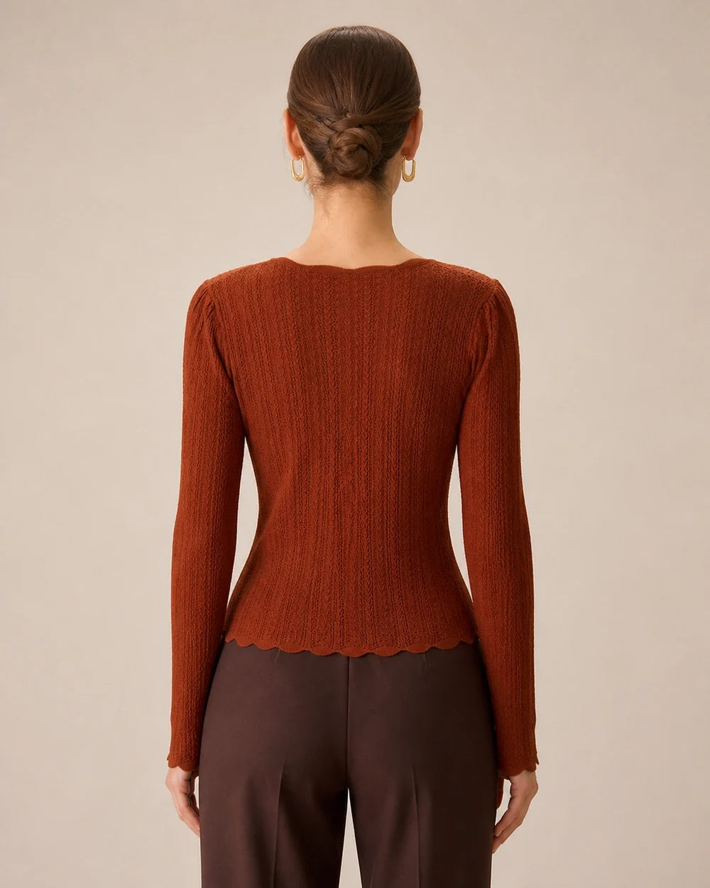 Women's rust fitted button-detail knit top, true back view