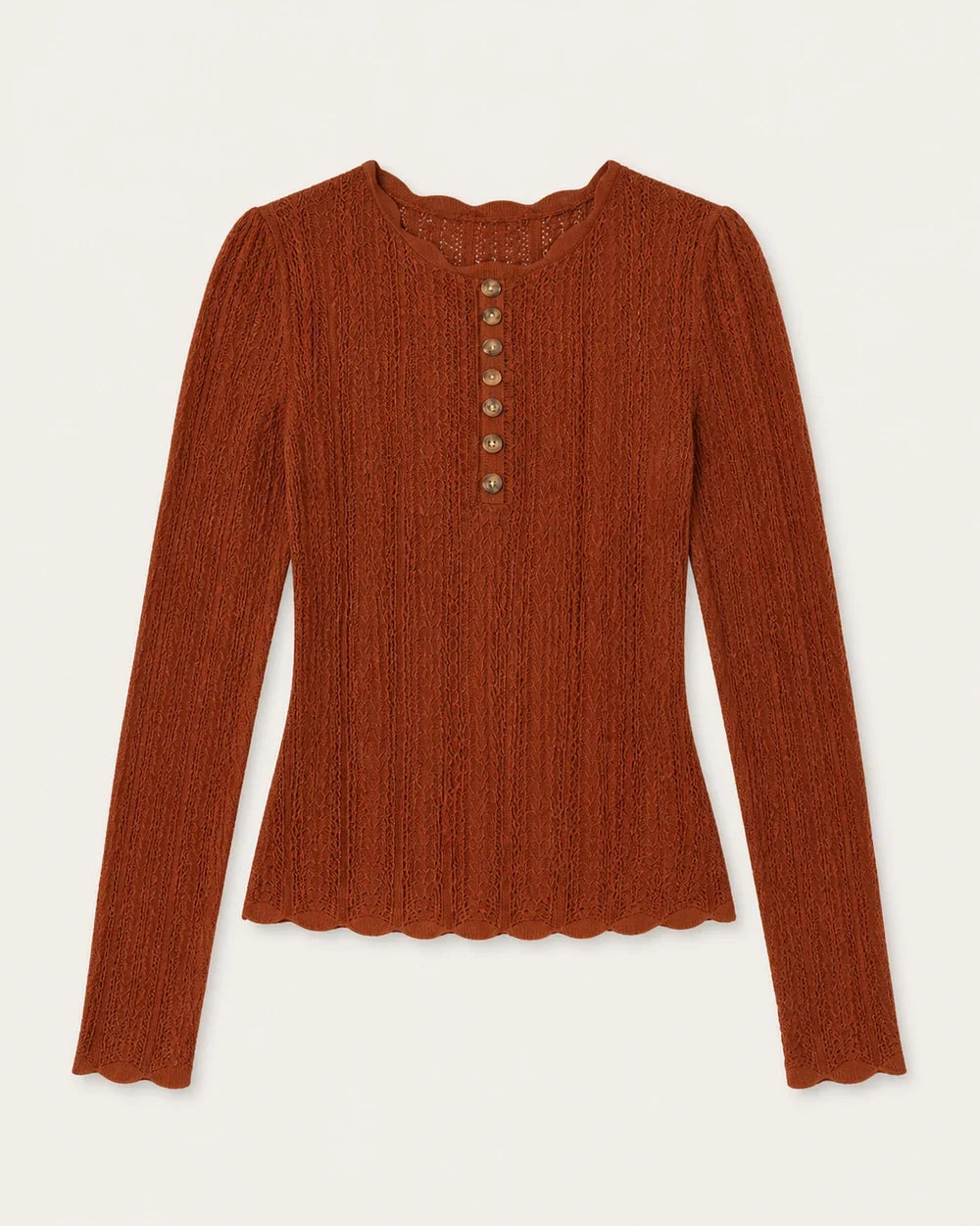 Women's rust fitted button-detail knit top, product-only flat lay