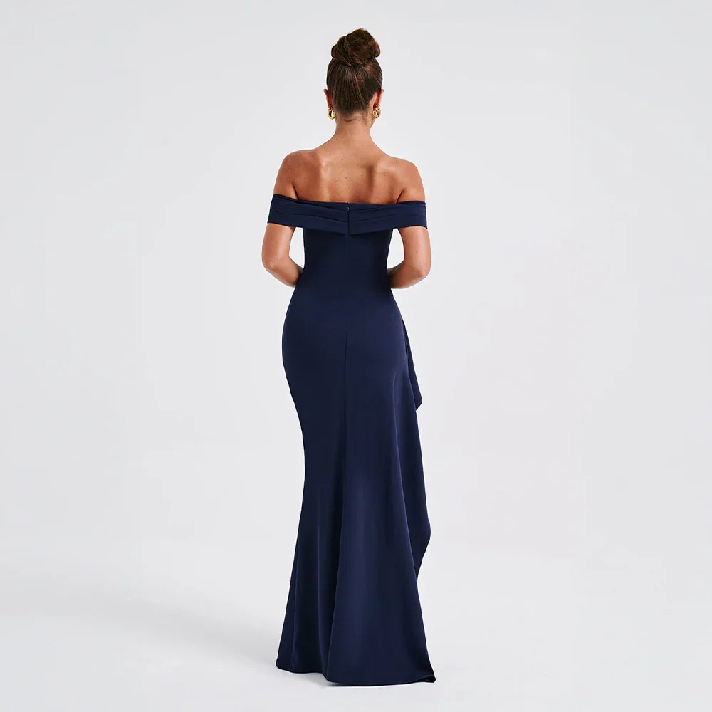 Daniela | Elegantna večerna maxi obleka z odkritimi rameni, nabiranjem in visokim razporkom