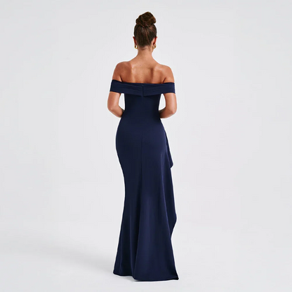 Daniela | Elegantna večerna maxi obleka z odkritimi rameni, nabiranjem in visokim razporkom