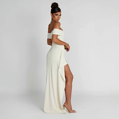 Daniela | Elegantna večerna maxi obleka z odkritimi rameni, nabiranjem in visokim razporkom