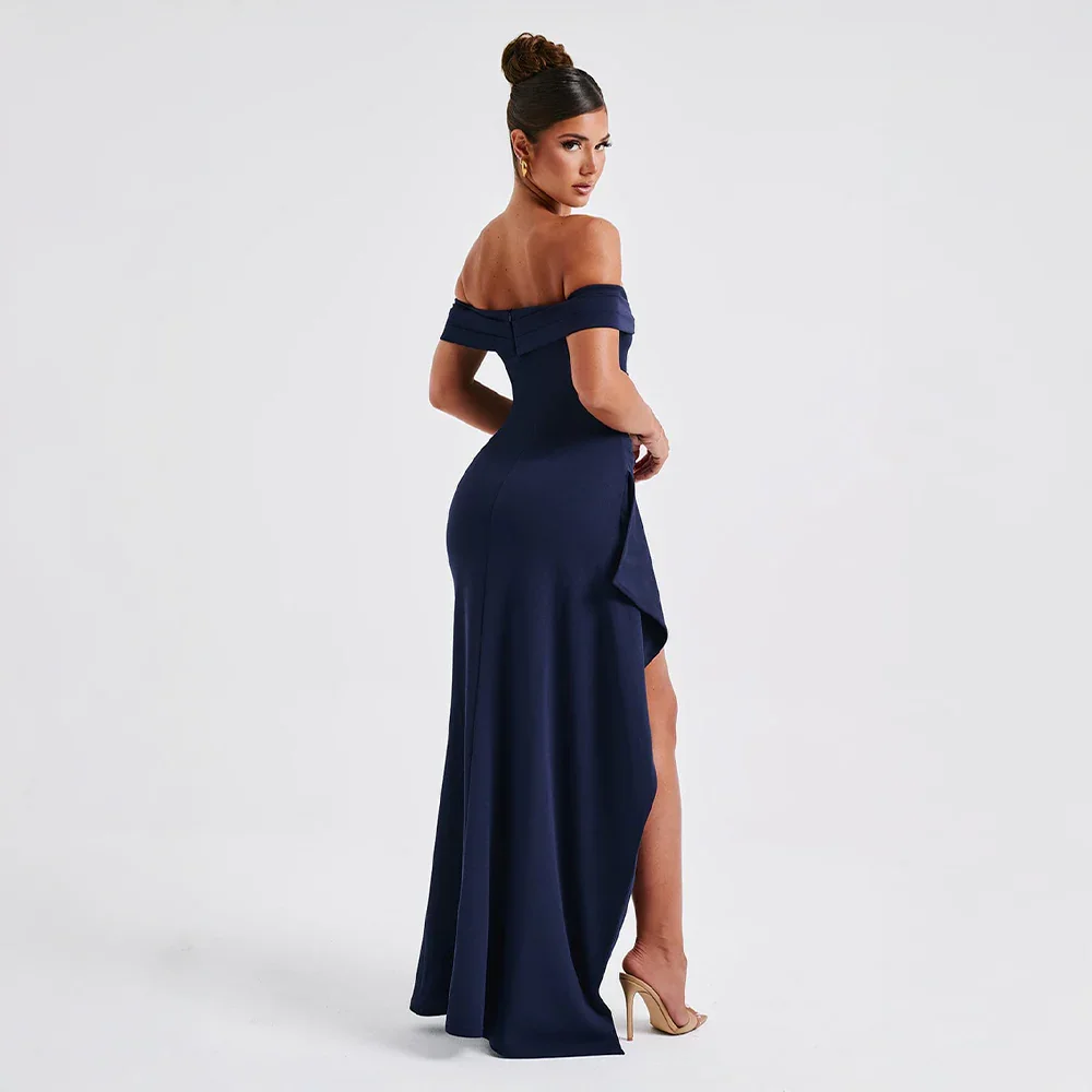 Daniela | Elegantna večerna maxi obleka z odkritimi rameni, nabiranjem in visokim razporkom