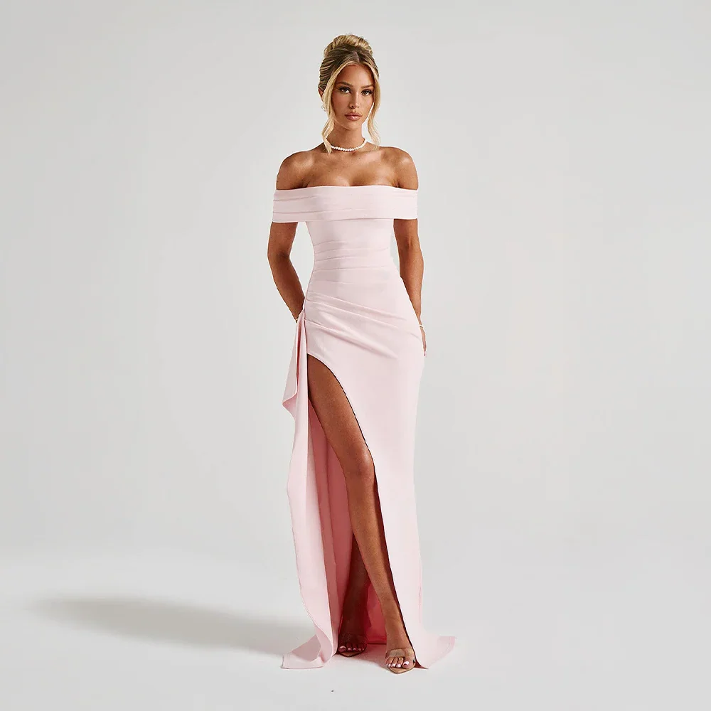 Daniela | Elegantna večerna maxi obleka z odkritimi rameni, nabiranjem in visokim razporkom