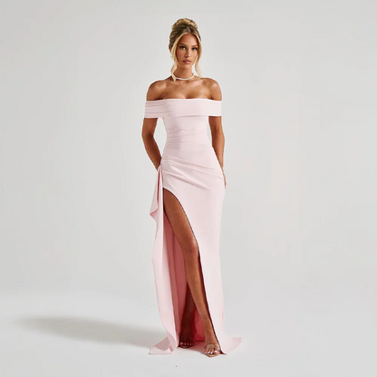 Daniela | Elegantna večerna maxi obleka z odkritimi rameni, nabiranjem in visokim razporkom