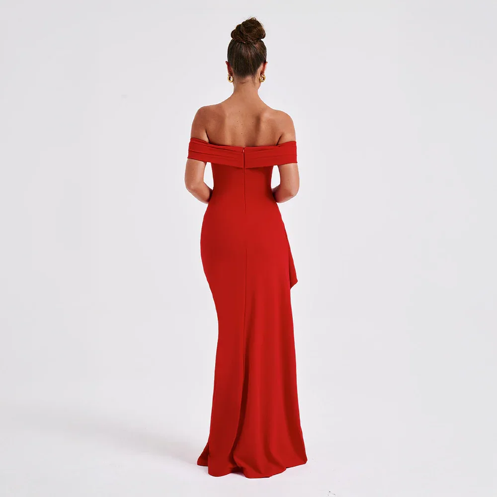 Daniela | Elegantna večerna maxi obleka z odkritimi rameni, nabiranjem in visokim razporkom