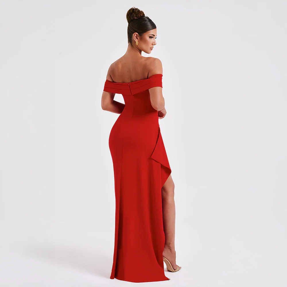 Daniela | Elegantna večerna maxi obleka z odkritimi rameni, nabiranjem in visokim razporkom