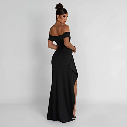 Daniela | Elegantna večerna maxi obleka z odkritimi rameni, nabiranjem in visokim razporkom