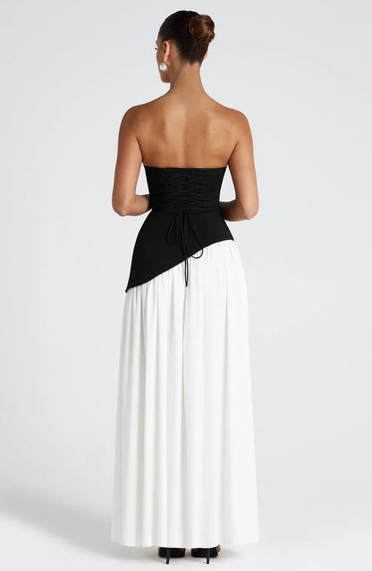 Calista | Elegantes trägerloses Maxikleid mit Korsage, Schal-Detail und Schlitz