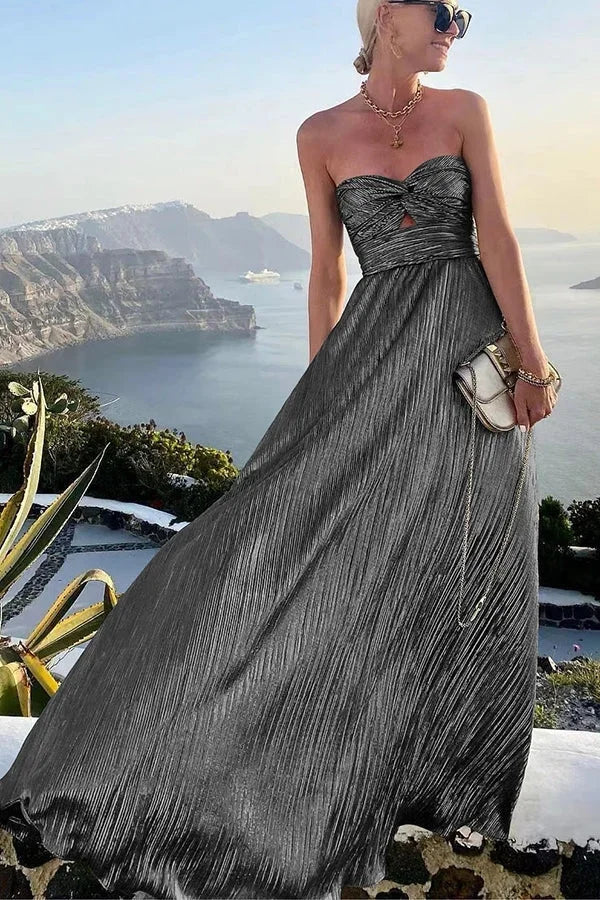 Theodora | Glamurozna bleščeča plisirana večerna maxi obleka brez naramnic