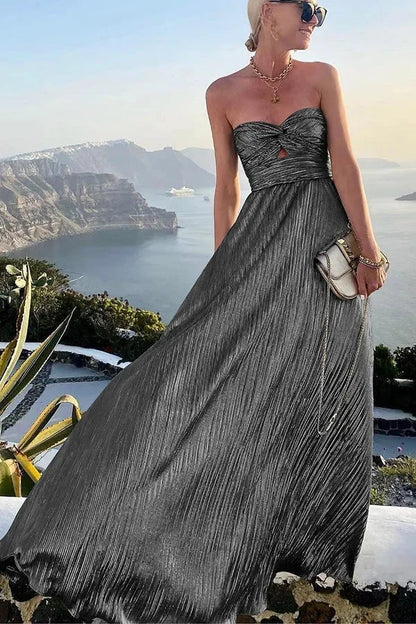 Theodora | Glamurozna bleščeča plisirana večerna maxi obleka brez naramnic
